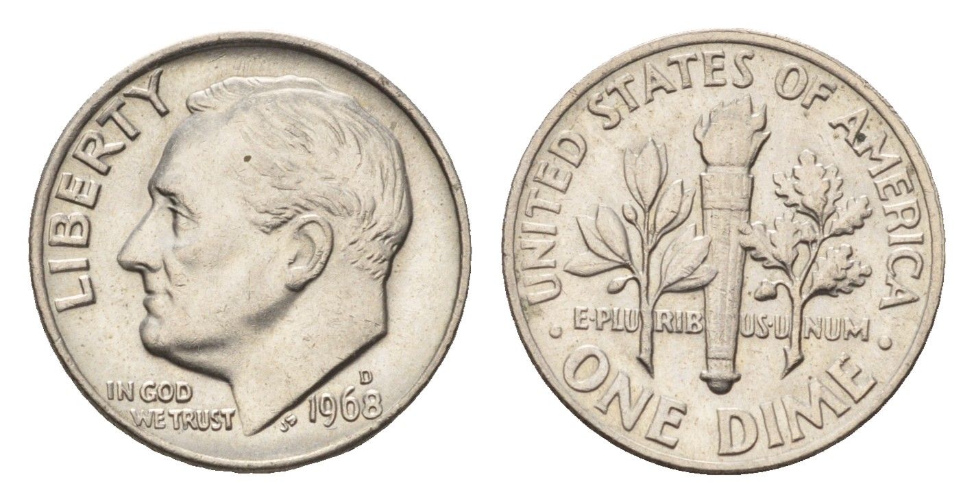 США 1 дайм (10 центов) 1968 D, Рузвельт KM 195a медь плакированная медно-никелем UNC 4684-153