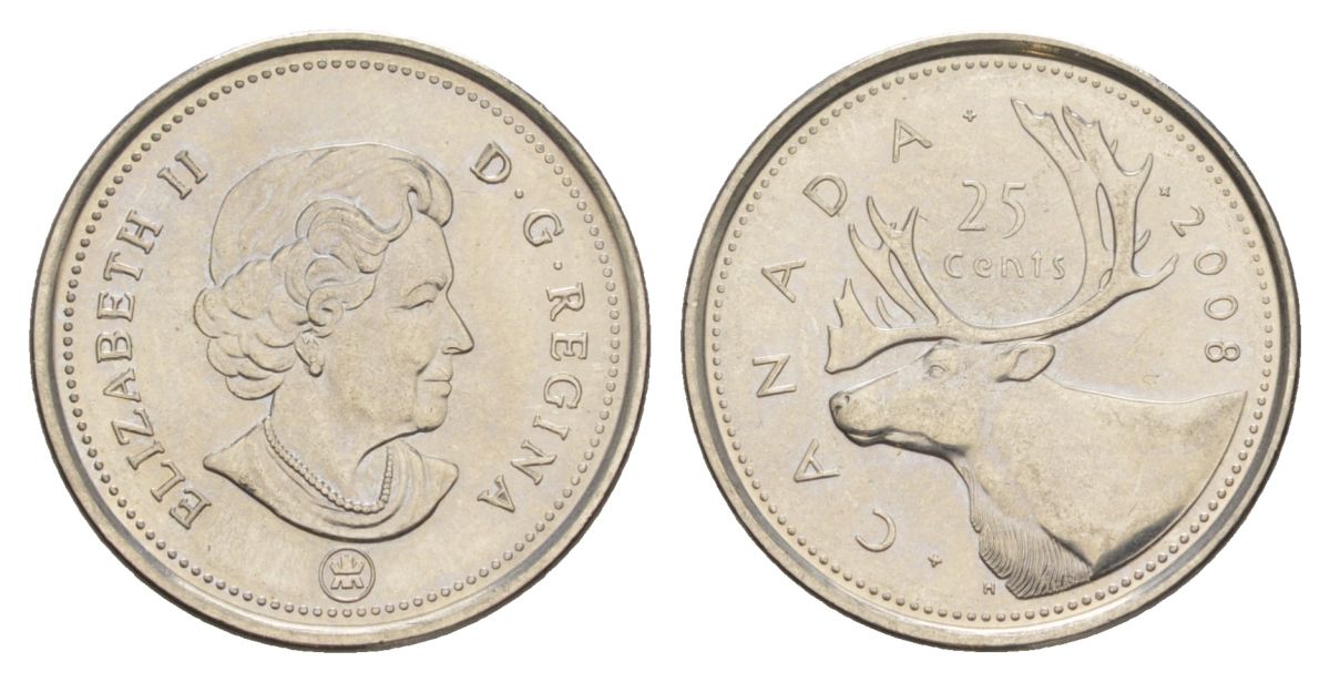 Канада 25 центов 2008 Leaf, Елизавета II (1952-2022), олень KM 2296 сталь плакированная никелем UNC 4631-725