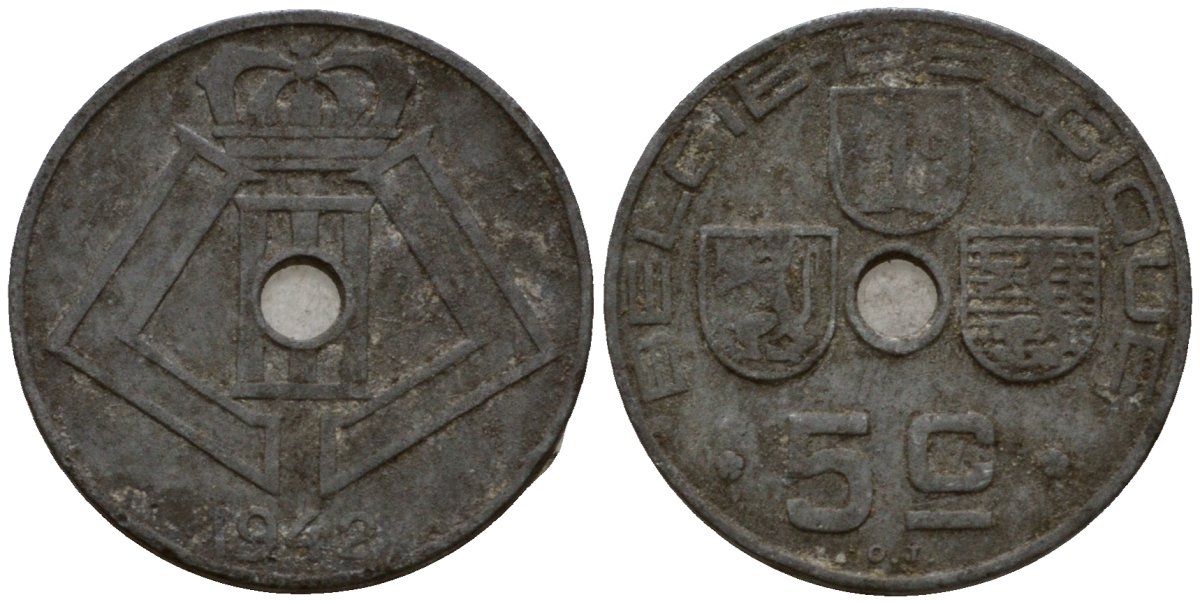 Бельгия 5 сантимов 1942 Belgie - Belgique KM 124 цинк 4602-138