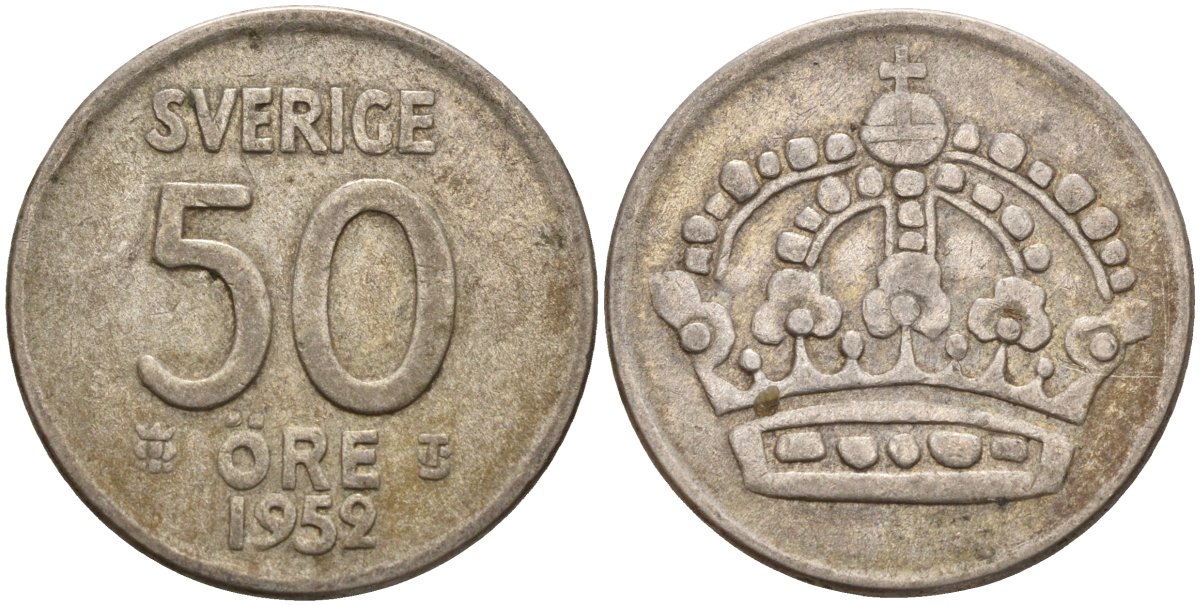 Швеция 50 эре 1952 TS, Густав VI Адольф (1950-1973) KM 825 серебро 4148-916