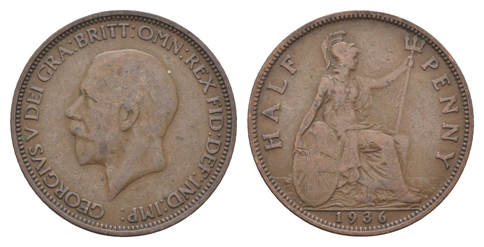 Великобритания 1/2 пенни 1936 Георг V (1910-1936) KM 837, Spink 4058 бронза 4662-1043