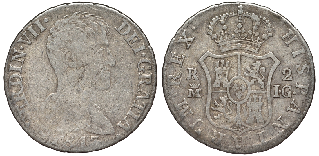 Испания 2 реала 1813 IG, ФЕРДИНАНД VII KM 474.3 (C134a.3) серебро 00-00