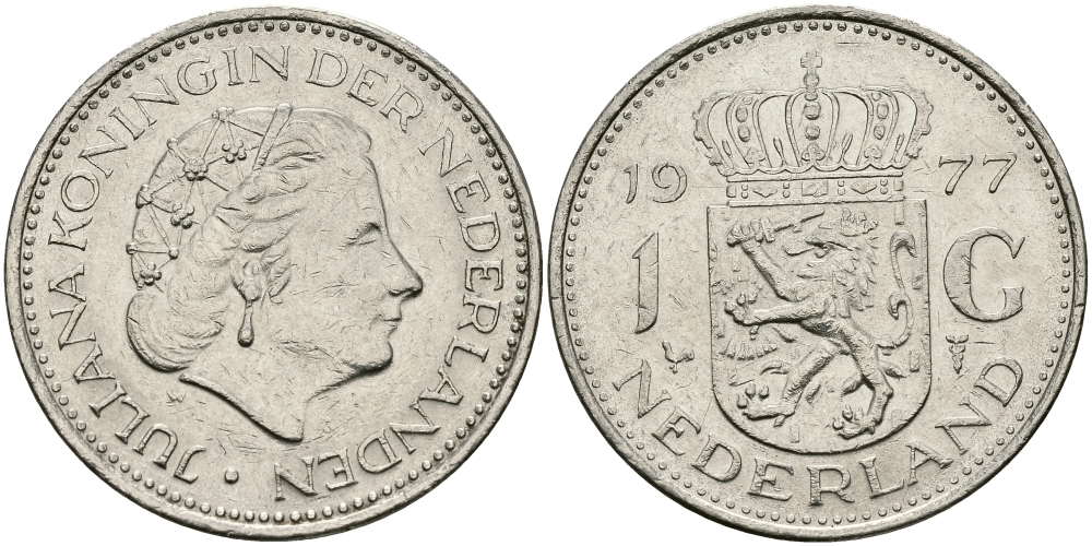 Нидерланды 1 гульден 1977 Юлиана (1948-1980) KM 184a никель 94-643