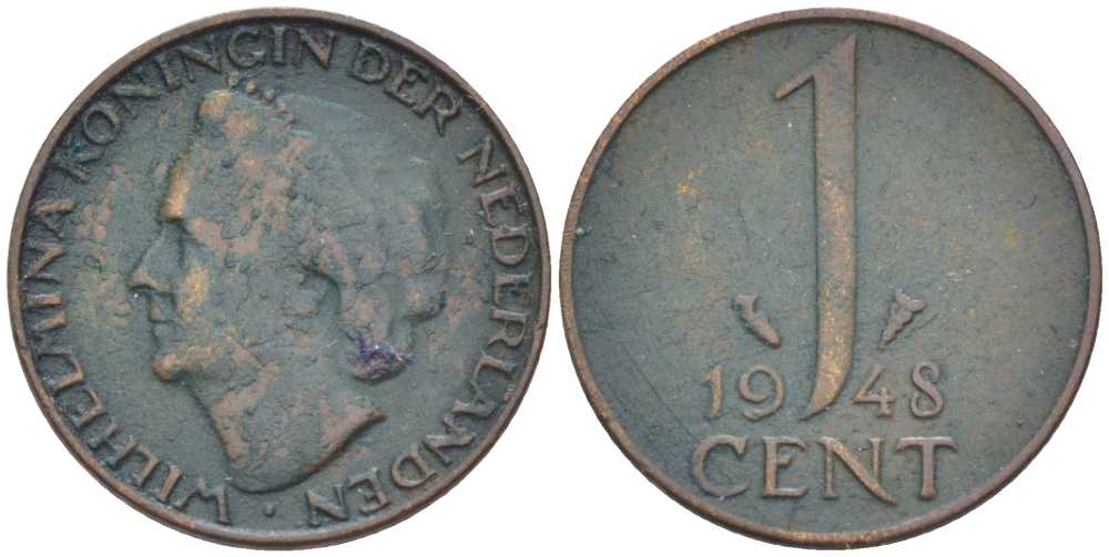 НИДЕРЛАНДЫ 1 ЦЕНТ 1948 ВИЛЬГЕЛЬМИНА (1890-1948) KM 107 бронза 214-1019