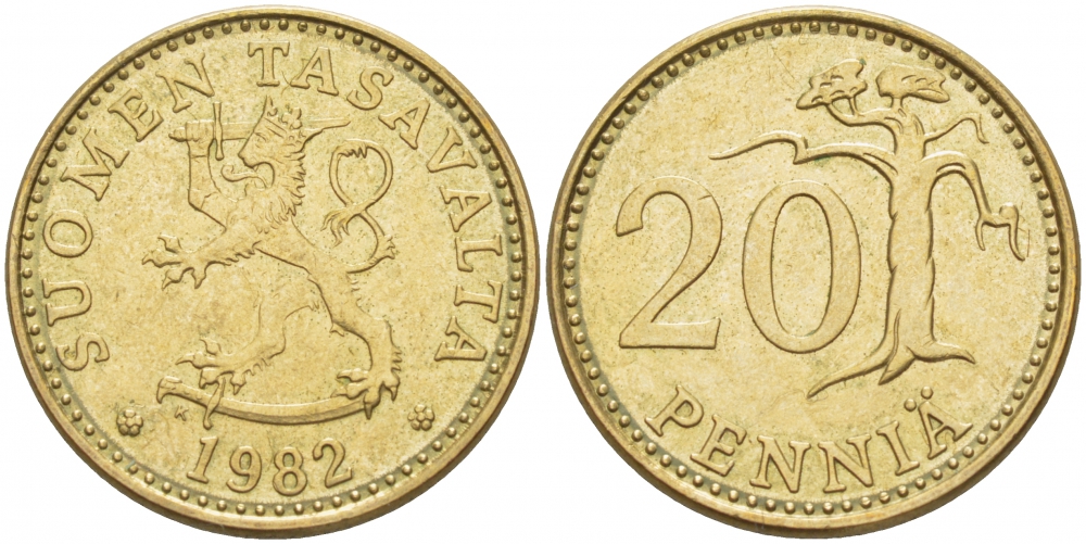 ФИНЛЯНДИЯ 20 ПЕННИ 1982 K KM 47 алюминиевая бронза 3718-521