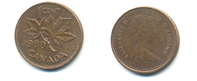 Канада 1 цент 1980 Елизавета II (1952-2022), кленовый листТ KM 127 бронза 177-1359