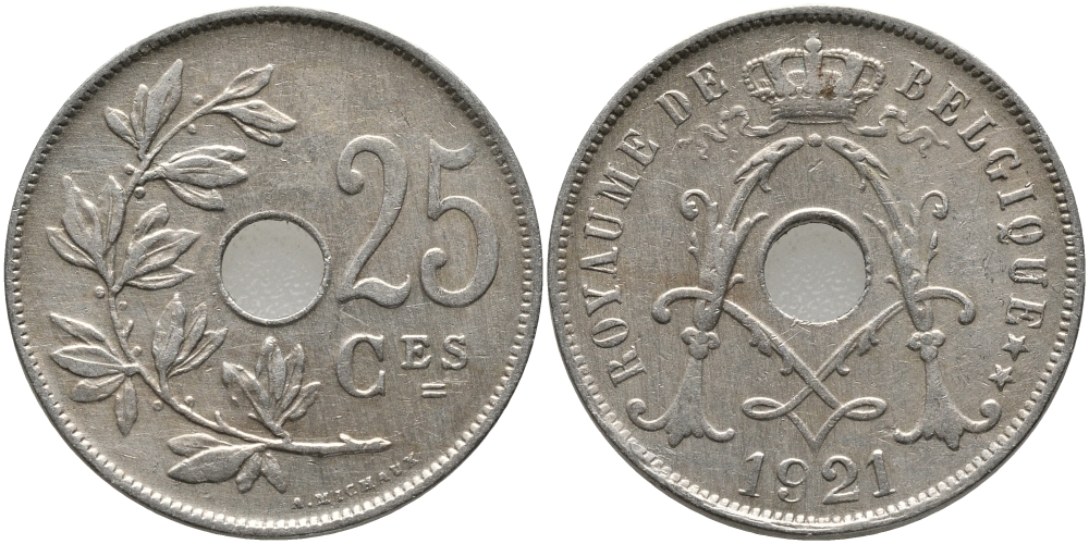 БЕЛЬГИЯ 25 САНТИМОВ 1921 BELGIQUE KM 68.1 медно-никель 79-645