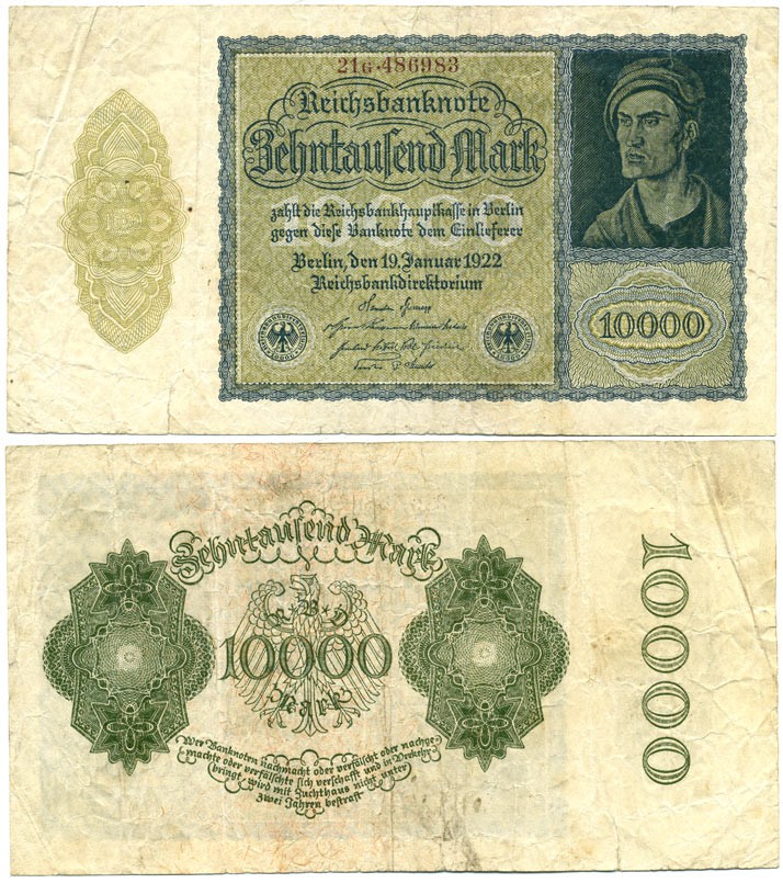 ГЕРМАНИЯ 10000 МАРОК 1922 19 ЯНВАРЯ 1922, АЛЬБРЕХТ ДЮРЕР, РАЗМЕРЫ 180 Х 100 ММ. Pick 72 бумага 6289-46-1-1