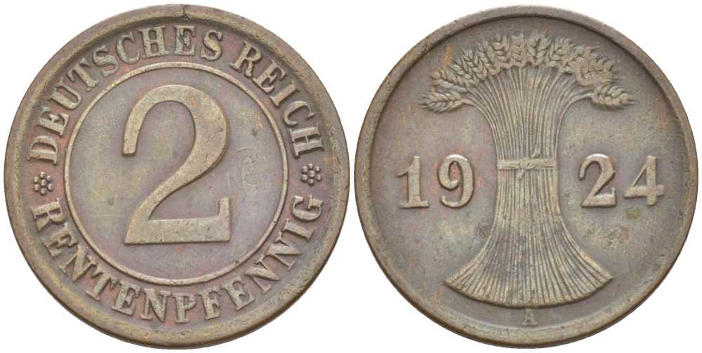 ГЕРМАНИЯ 2 РЕНТЕНПФЕННИГА 1924 A KM 31, J. 307 бронза 206-1161