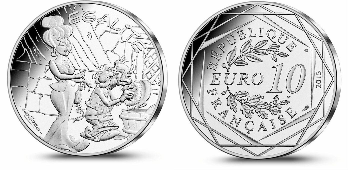 Франция 10 евро 2015 серия Астерикс и свобода, мадам и месье Ветераникс (Agecanonix), Ветераникс моет посуду, в оригинальном буклете KM NEW серебро UNC 1-4-3-16
