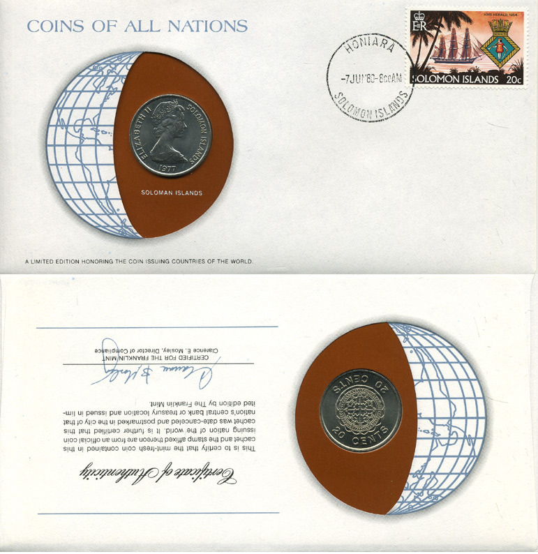 СОЛОМОНОВЫ ОСТРОВА 20 ЦЕНТОВ 1977 КОНВЕРТ С МАРКОЙ ПЕРВОГО ДНЯ ГАШЕНИЯ, COINS OF NATIONS KM 5 медно-никель UNC 4294-59-3