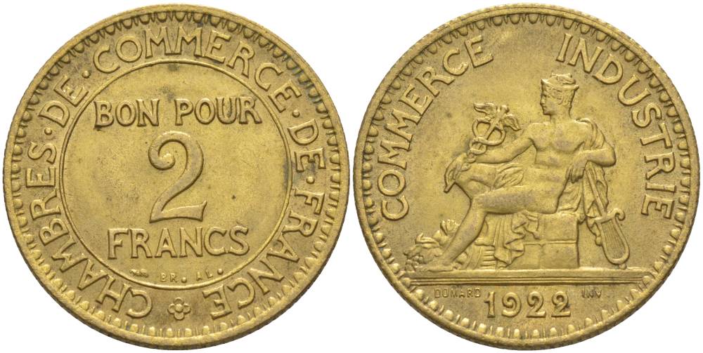 Франция 2 франка 1922 тип Chambres de Commerce KM 877, LE FRANC 267.4 алюминиевая бронза 69-1141