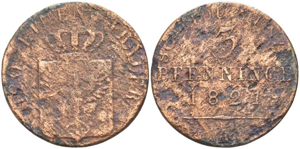 ПРУССИЯ 3 ПФЕННИГА 1821 А, ФРИДРИХ ВИЛЬГЕЛЬМ III (1797-1840) KM 407 медь 210-1144