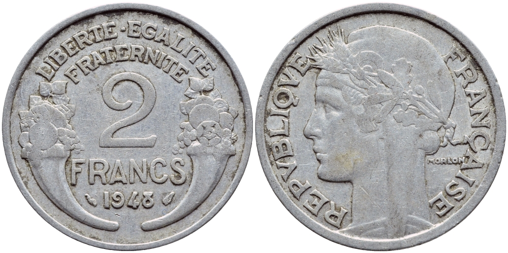 Франция 2 франка 1948 KM 886а.1 алюминий 4397-745
