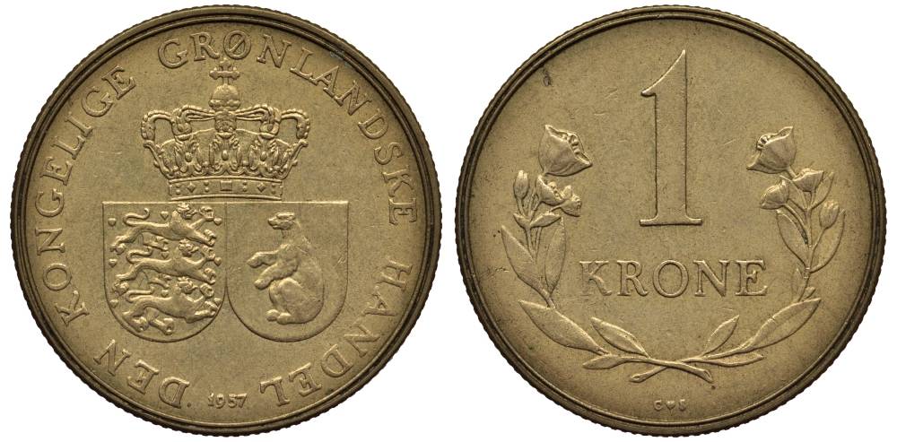 Гренландия 1 крона 1957 CS, Датское государство (1953-1979) KM 10 алюминиевая бронза 69-444