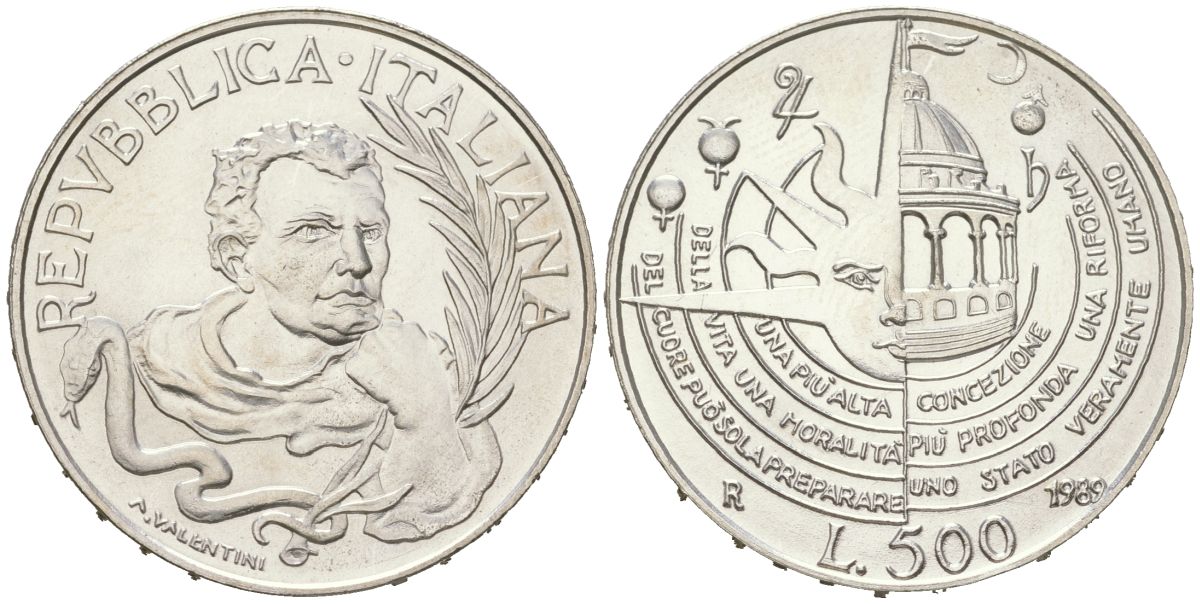 Италия 500 лир 1989 R, 350 лет со дня смерти Томмазо Кампанелла KM 145 серебро BU 4367-914