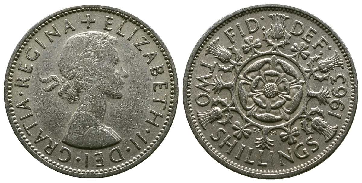Великобритания 2 шиллинга (флорин) 1963 Елизавета II (1952-2022) KM 906, Spink 4146 медно-никель 4382-414