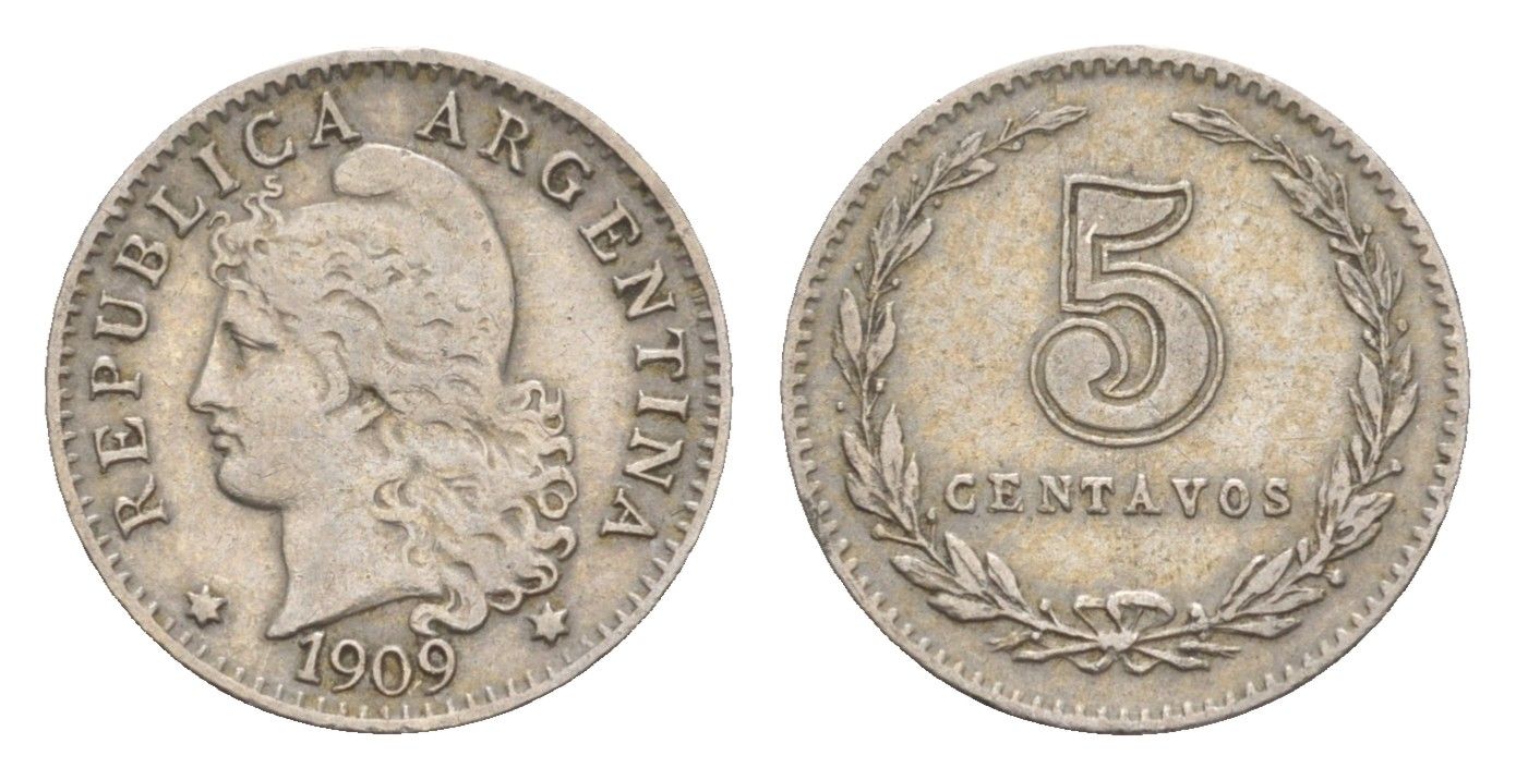 Аргентина 5 сентаво 1909 KM 34 медно-никель 4651-964
