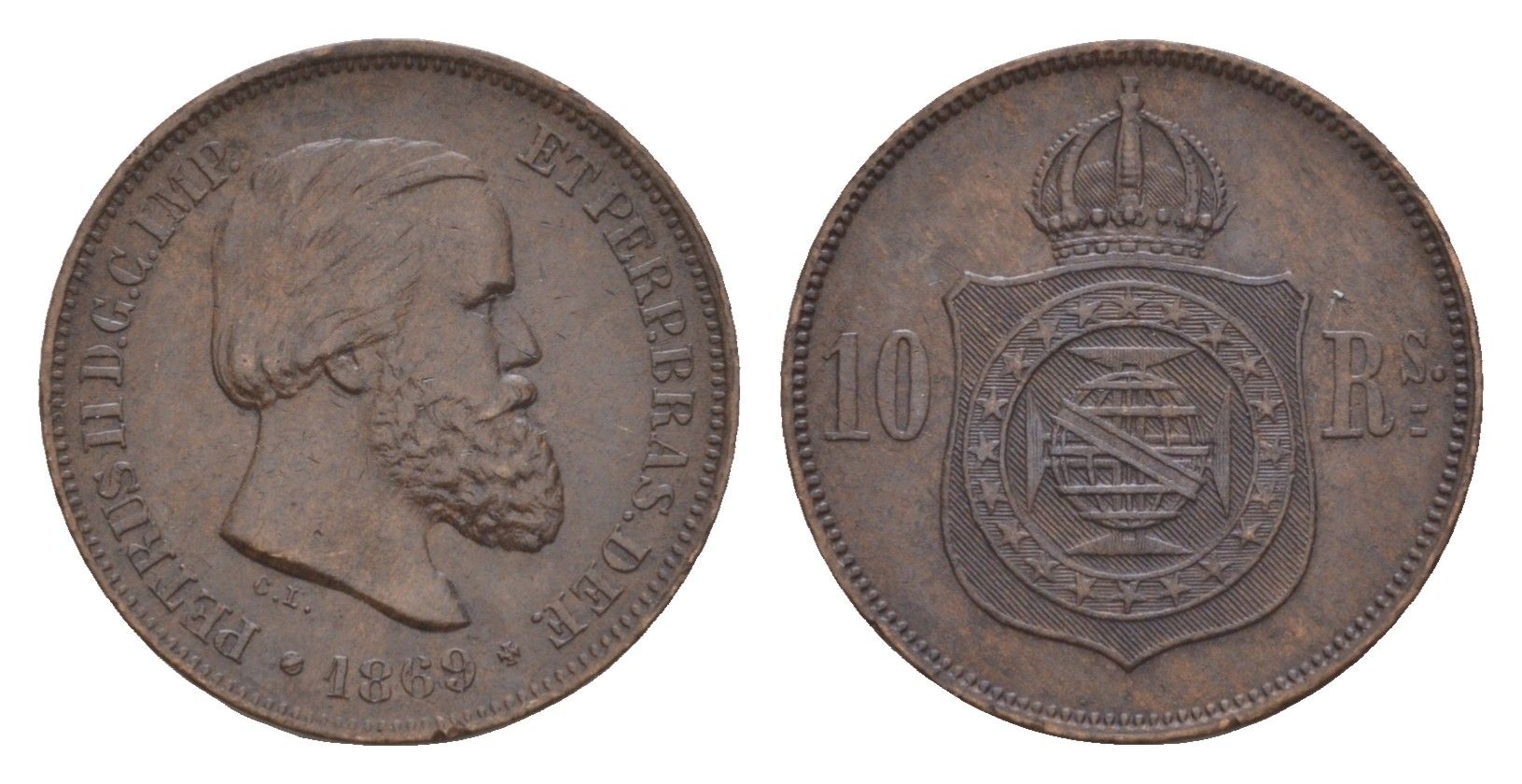 Бразилия 10 реалов (рейсов) 1869 Брюссель, Педро II (1831-1889) KM 473 бронза 1519-1412