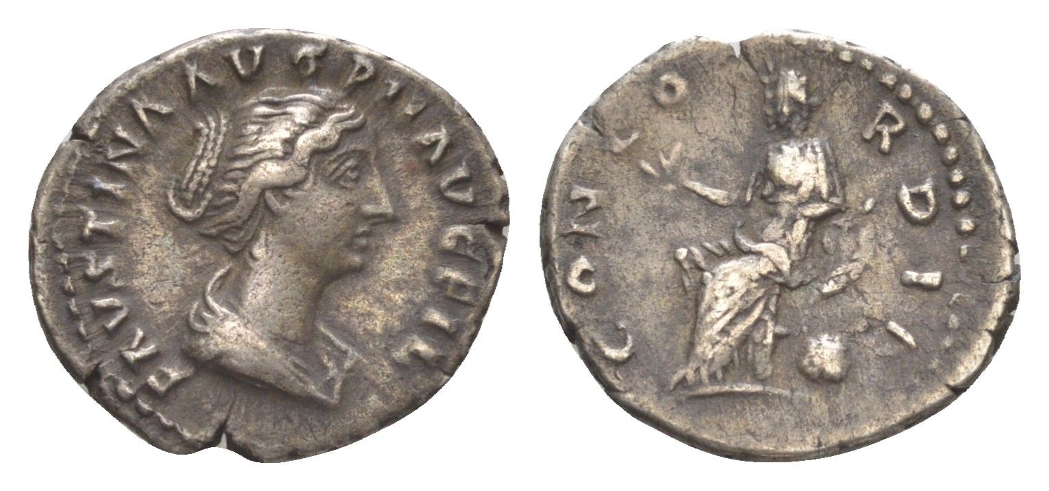Римская Империя денарий 145-161 Фаустина Младшая, жена Марка Аврелия, FAVSTINA AVG PII AVG FIL, бюст императрицы/CONCORDIA, Конкордия на троне, держит цветок, Рим RIC 502a серебро 1073-4-64