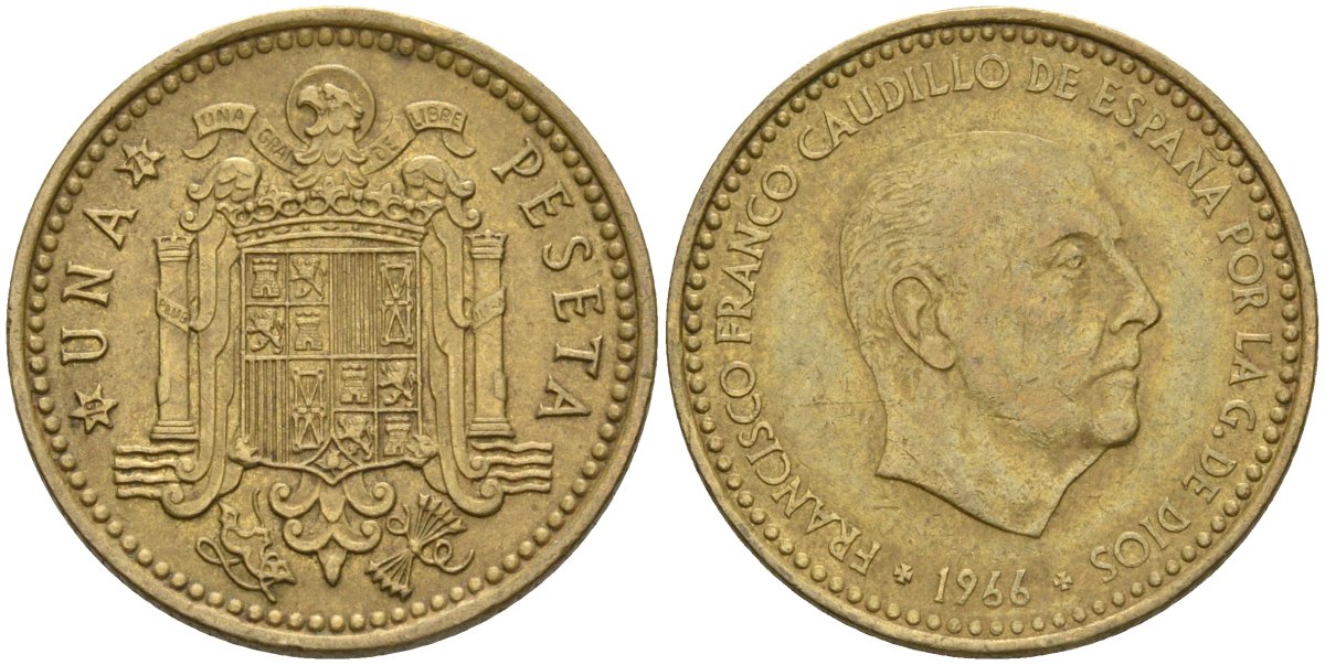 Испания 1 песета 1966 (73) Франсиско Франко (1939-1975) KM 796 алюминиевая бронза 4604-413