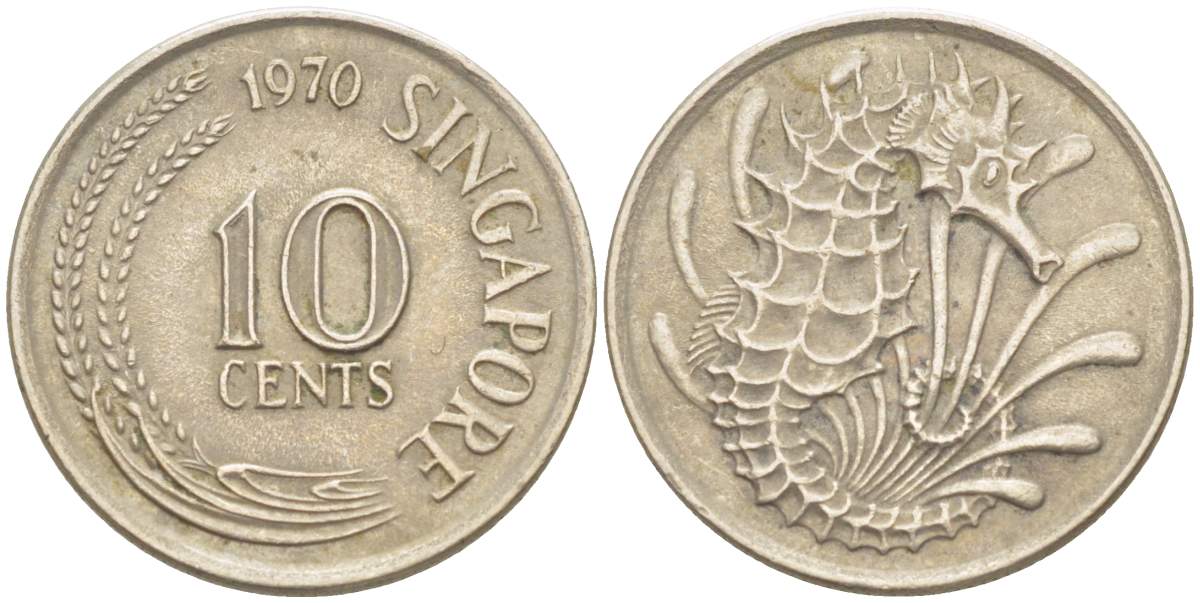 Сингапур 10 центов 1970 морской конек KM 3 медно-никель 4525-525