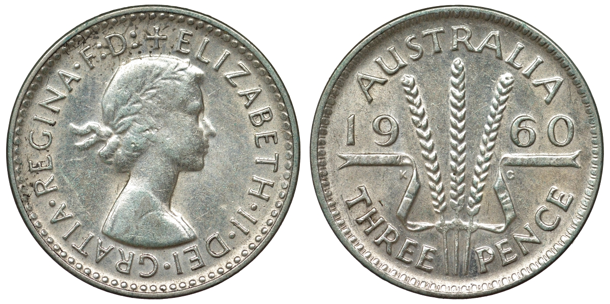 Австралия 3 пенса 1960 m, Елизавета II (1952-2022) KM 57 серебро 71-646