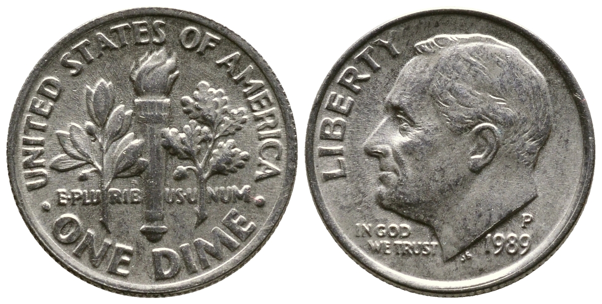 США 10 ЦЕНТОВ = 1 ДАЙМ 1989 P, РУЗВЕЛЬТ KM 195а медь плакированная медно-никелем 57-1247