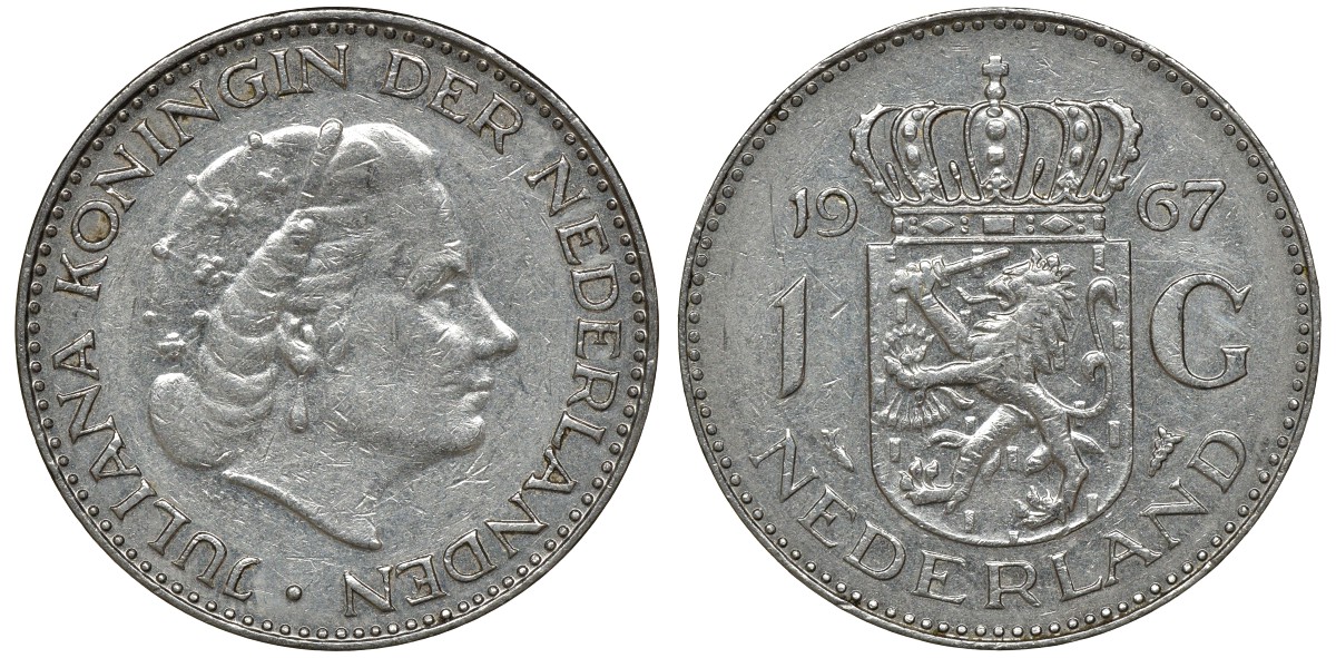 Нидерланды 1 гульден 1967 Юлиана (1948-1980) KM 184а никель 72-1734