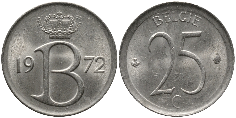 Бельгия 25 сантимов 1972 Belgie, Бодуэн I (1951-1993) KM 154.1 медно-никель 99-359