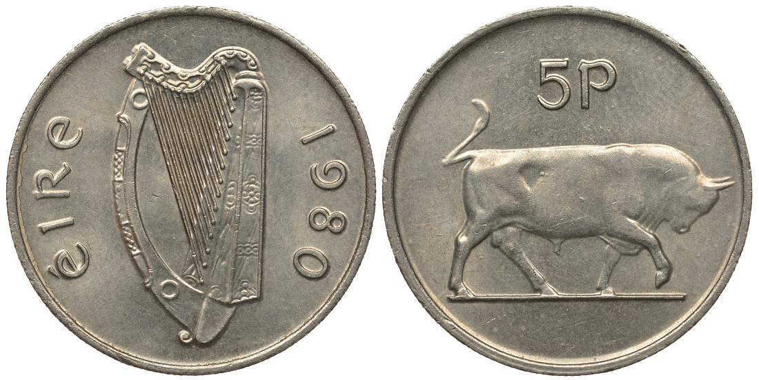 ИРЛАНДИЯ 5 ПЕНСОВ 1980 БЫК KM 22 медно-никель 51-537