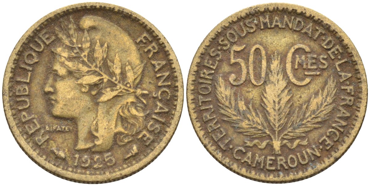 Французский Камерун 50 сантимов 1925 (а), монетный двор Париж KM 1 алюминиевая бронза 4164-1219