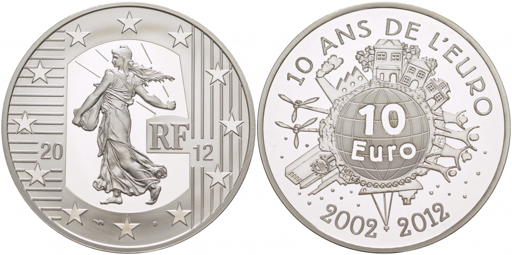 Франция 10 евро 2012 10 лет введения наличного евро KM 1889 серебро PROOF 05-124-13