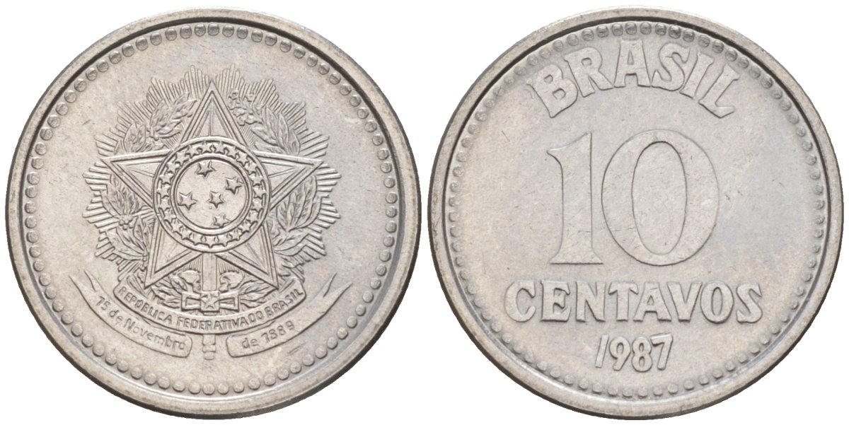 БРАЗИЛИЯ 10 СЕНТАВО 1987 РЕФОРМА 1986-1989 KM 602 нержавеющая сталь 187-532