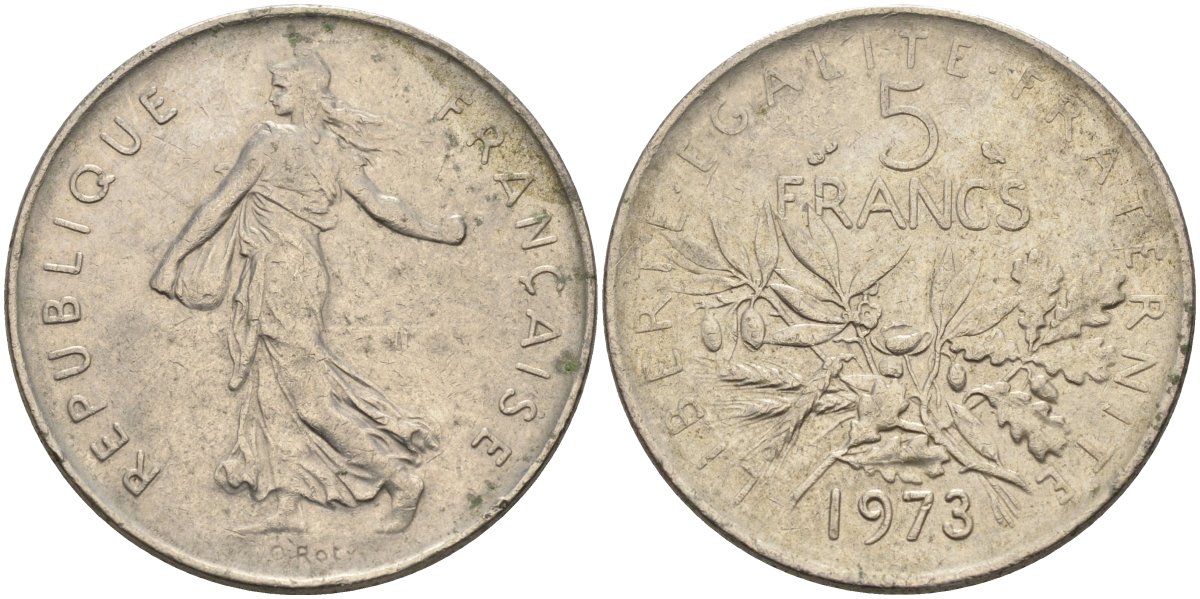 Франция 5 франков 1973 сеятель, тип Semeuse KM 926a.1, Le Franc 341.5 медно-никель плакированный никелем 4117-1213