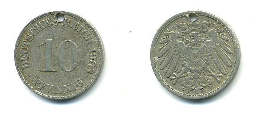 ГЕРМАНИЯ 10 ПФЕННИГОВ 1903 J С ДЫРКОЙ KM 12 медно-никель 23-744