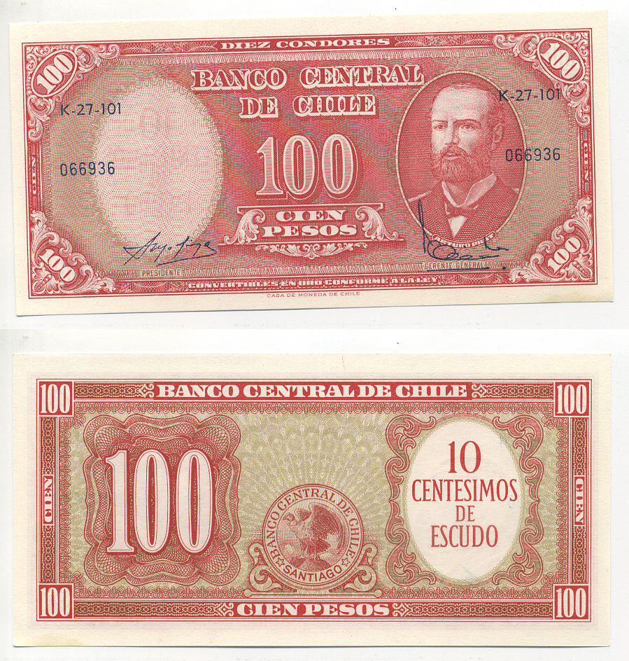 Чили 10 сентесимо ND (1960-1961) надпечатка на 100 песо, Артуро Прат Pick 127a бумага UNC (пресс) 6283-15-1