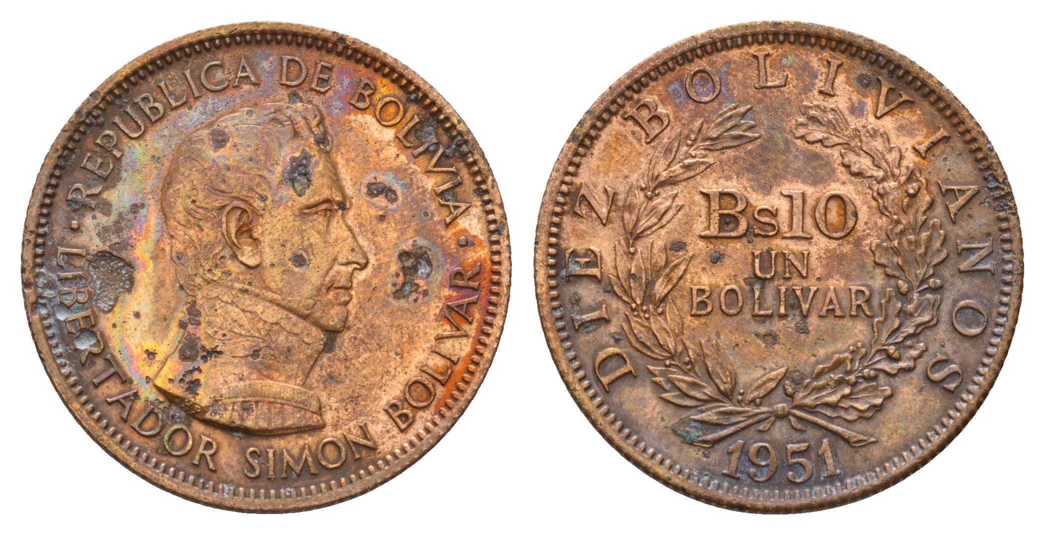 Боливия 10 боливиано 1951 год-тип KM 186 бронза 4114-1127