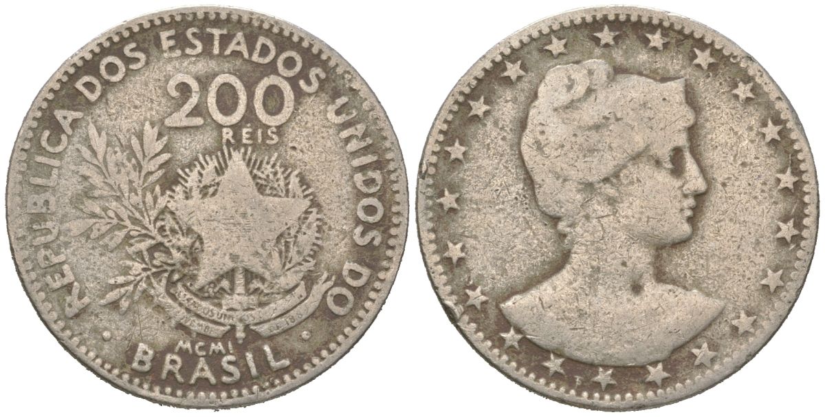 Бразилия 200 реалов 1901 MCMI, голова свободы вправо KM 504 медно-никель 4612-127