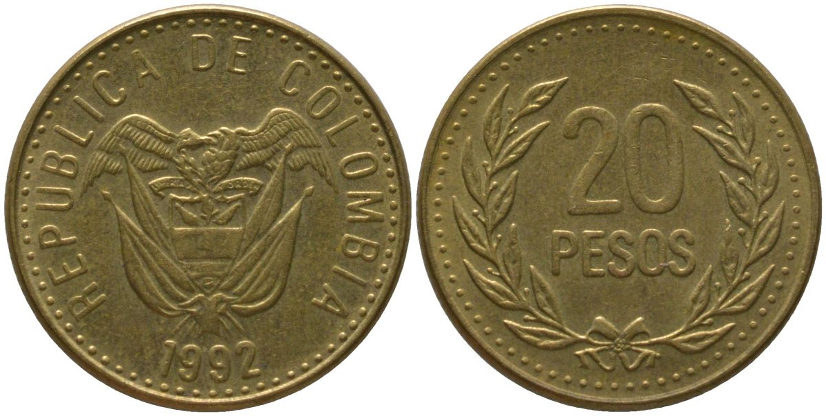 Колумбия 20 песо 1992 KM 282 алюминиевая бронза 4528-1138