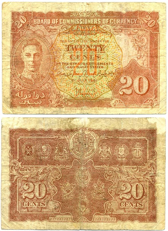 Малайя 20 центов 1941 Георг VI Pick 9 а бумага 435-73-1-2