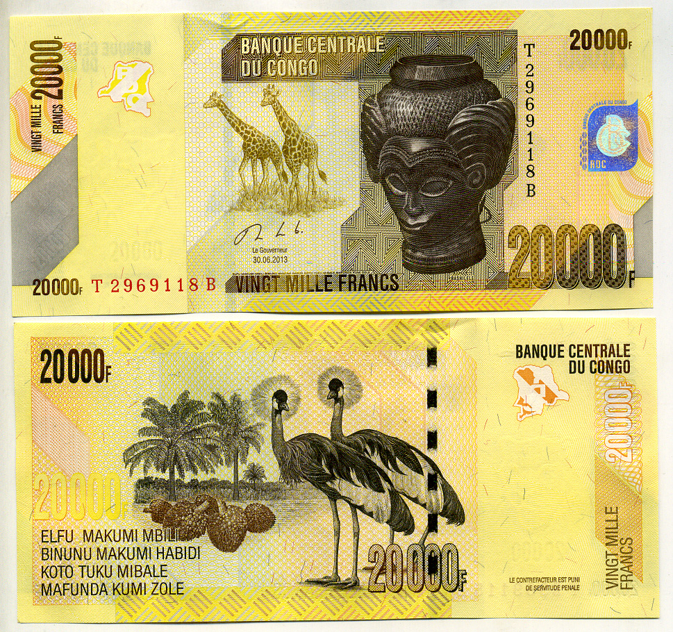 ДР Конго 20000 франков 2013 резная голова "Башилеле", жирафы, страусы Pick 104 b бумага UNC (пресс) 451-428-2