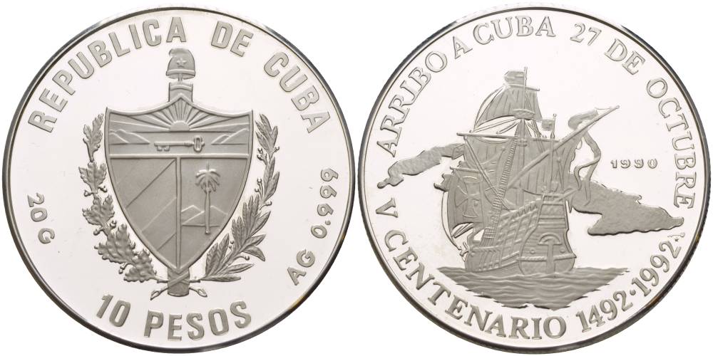 Куба 10 песо 1990 серия 500 лет открытия Америки (1492-1992), испанский парусник на фоне карты кубы. KM 252.1 серебро PROOF 05-086-22