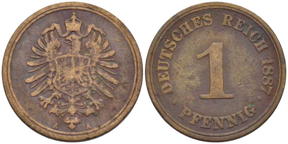 ГЕРМАНИЯ 1 ПФЕННИГ 1887 A, СТАРОГЕРБОВКА KM 1, J. 1, Weege 1 медь 206-1254