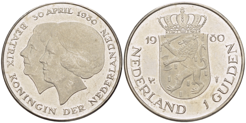 Нидерланды 1 гульден 1980 на коронацию Беатрикс, 30 апреля 1980 KM 200 никель 31-822