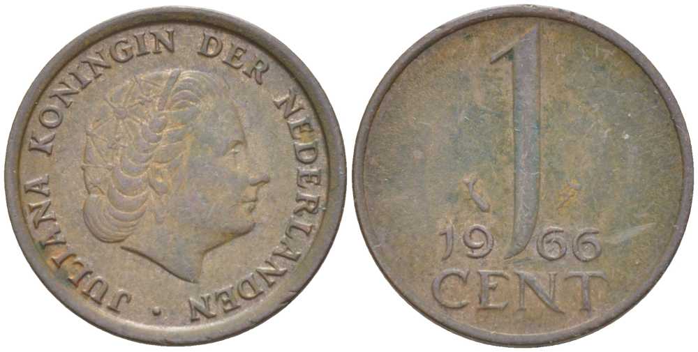 НИДЕРЛАНДЫ 1 ЦЕНТ 1966 ЮЛИАНА (1948-1980) KM 180 бронза 214-1032