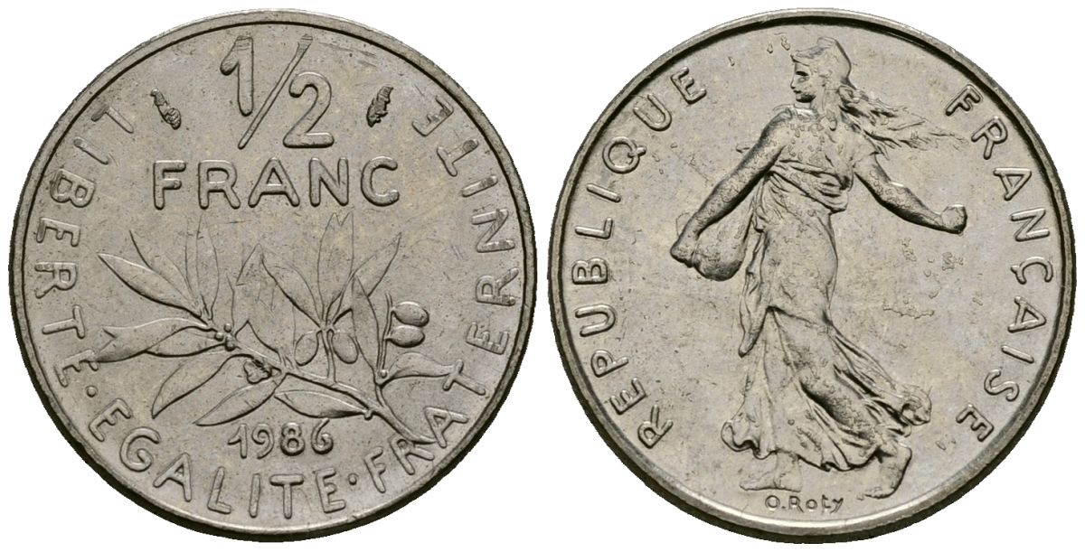 Франция 1/2 франка 1986 сеятель KM 931.1, Le Franc 198.25 никель 4138-243