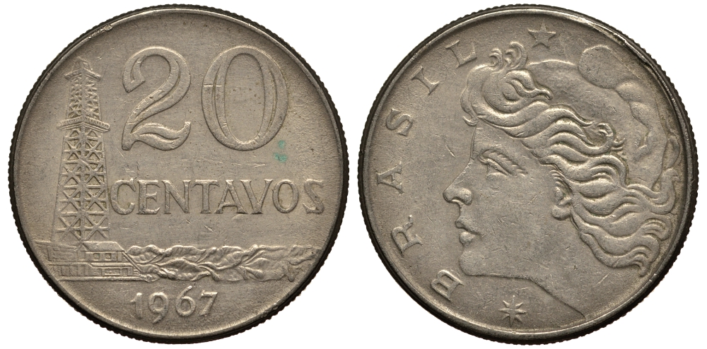 Бразилия 20 сентаво 1967 голова Свободы влево KM 579.1, Schon 84 медно-никель 4182-615