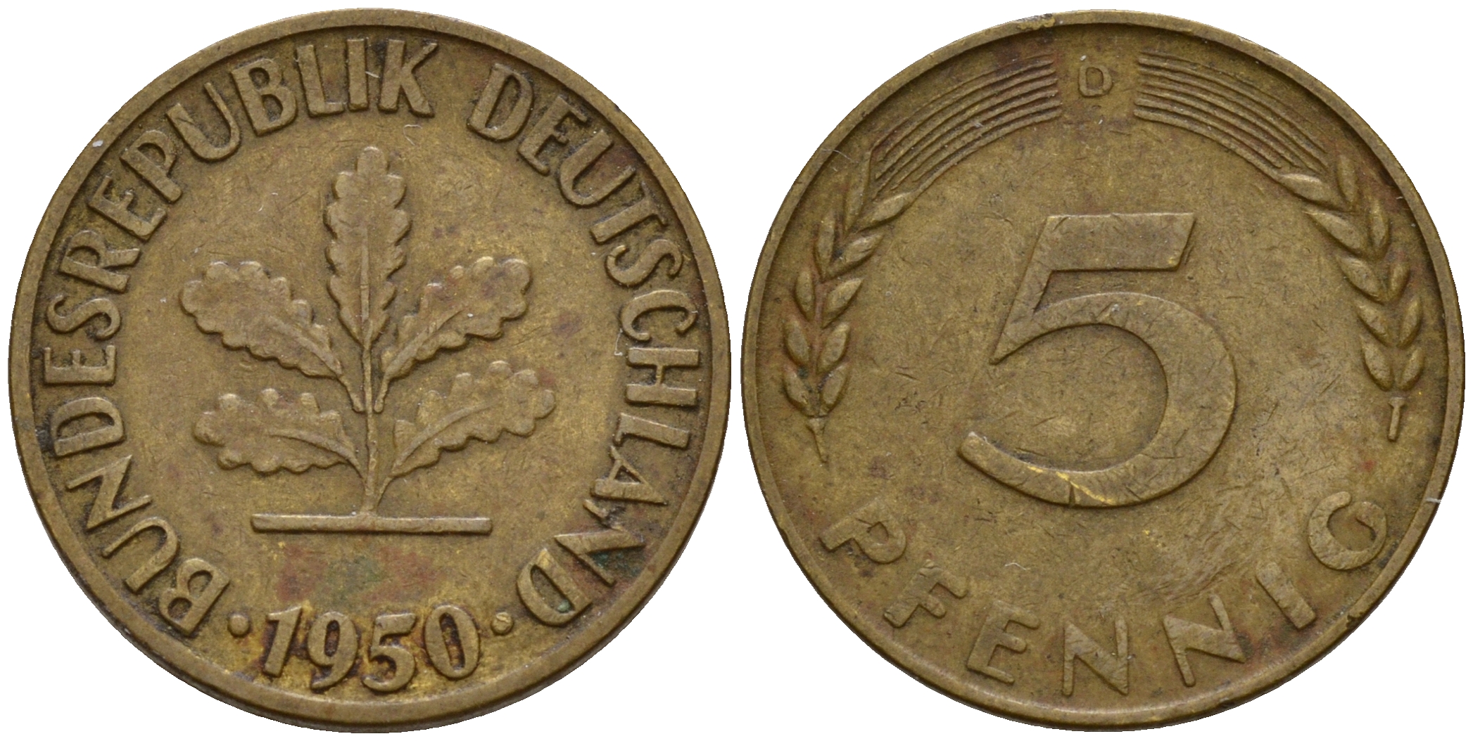 ФРГ 5 пфеннигов 1950 D J.382, KM 107 сталь плакированная латунью    4598-811