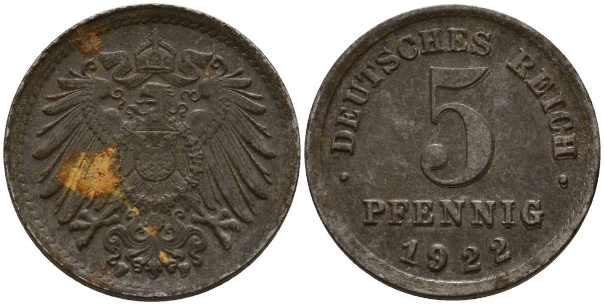 Германия 5 пфеннигов 1922 F KM 19, J. 297 железо плакированная цинком 4189-835